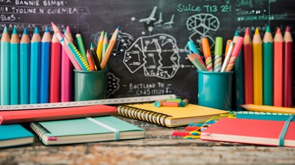 Colorful Back-to-School Supplies Description: A flat lay composition featuring an array of school essentials neatly arranged on a wooden desk. Colorful notebooks, sharpened pencils, rulers,
