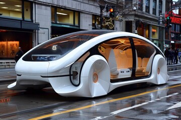 Futuristic Autonomous Vehicle on City Street.