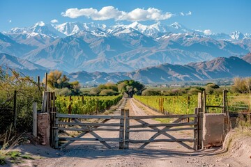 Fototapeta premium Charming Vineyard Entrance in Mendoza with Majestic Andes Mountain View - Perfect for Posters or Travel Marketing