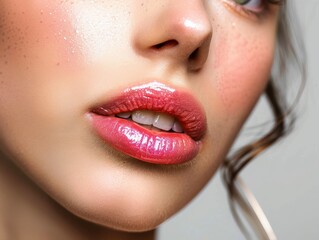 Close-up of a Woman's Glossy Lips and Freckled Skin with a Soft Focus on Natural Beauty and Makeup