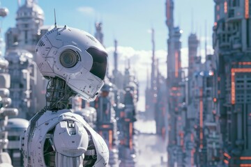 Futuristic Robot in a Cityscape.
