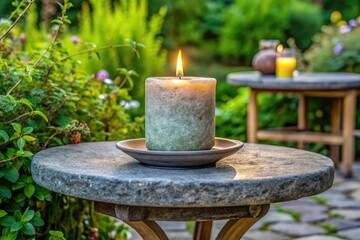 Candle on a stone table in a garden setting.