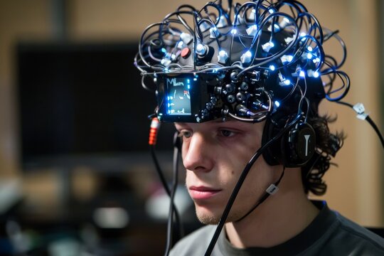 Man Wearing Brain-Computer Interface Headset. - Powered by Adobe
