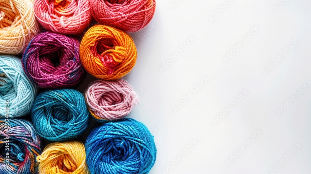 Aufkleber Colorful yarn rolls are neatly organized in a grid pattern against a white background, creating space for text placement in crafting activities. Generative AI