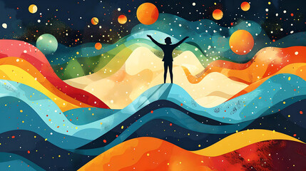 Silhouette of a person standing with arms outstretched on a vibrant, colorful abstract landscape with planets and waves.