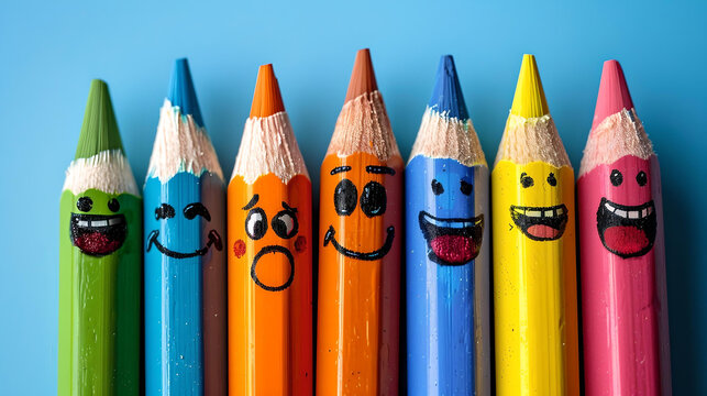 Set of colored pencils with different expressive faces drawn on their tips, arranged in a row on a blue background.