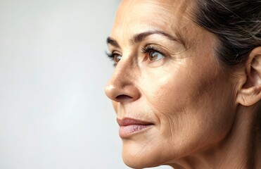 Close up of attractive senior middle-aged woman face without make-up , shows wrinkle and natural part of aging. Fine lines and creases in the skin which becomes less elastic, on white copy space