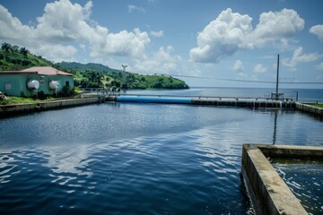 Water treatment plant with blue water and a blue pipe.