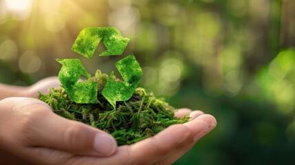 Hands Holding Green Recycling Symbol on Moss with Sunlight in Background, Promoting Environmental Conservation and Sustainability