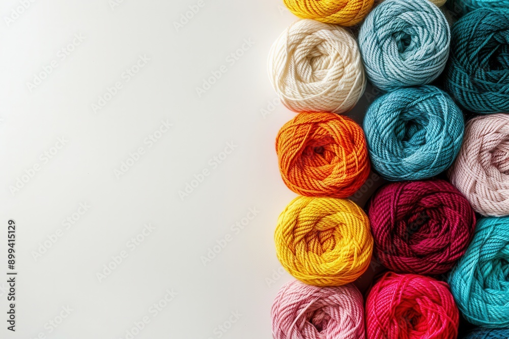 Poster A vibrant assortment of yarn rolls is neatly arranged in a grid layout, providing a perfect backdrop for creative text and design elements. Generative AI