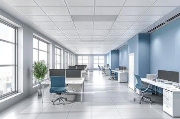 Modern Office Interior with White Concrete Floor, Blue Wall Panels, Work Tables, and Bright Lighting from Large Windows, Creating a Clean and Professional Business Environment