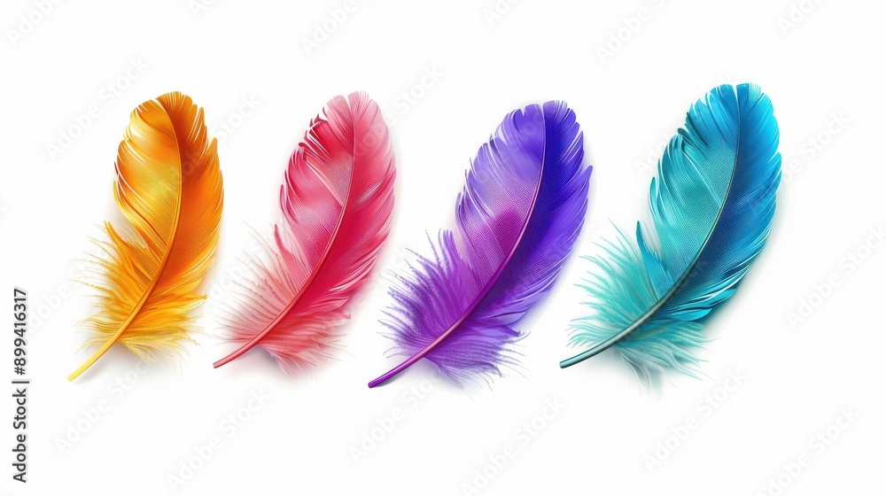 Wall mural Vibrant, colorful feathers against a crisp white background create a lively and striking visual display.