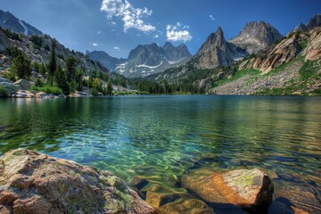 Mountain Lake With Clear Blue Water and Rocks.