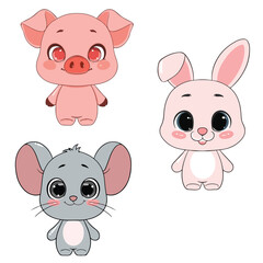 set of funny cartoon animals pig mouse and rabbit vector illustration