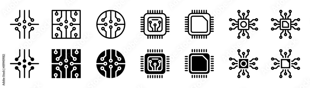 Poster circuit board icon set. electronic motherboard circuit vector symbol. electronics microchip technology sign.