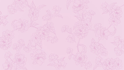 Seamless peony floral pattern. Pink flowers isolated on light pink gradient background. Hand-drawn illustrations of wildflowers in line art style.