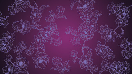 Seamless peony floral pattern. Light purple flowers isolated on purple gradient background. Hand-drawn illustrations of wildflowers in line art style.