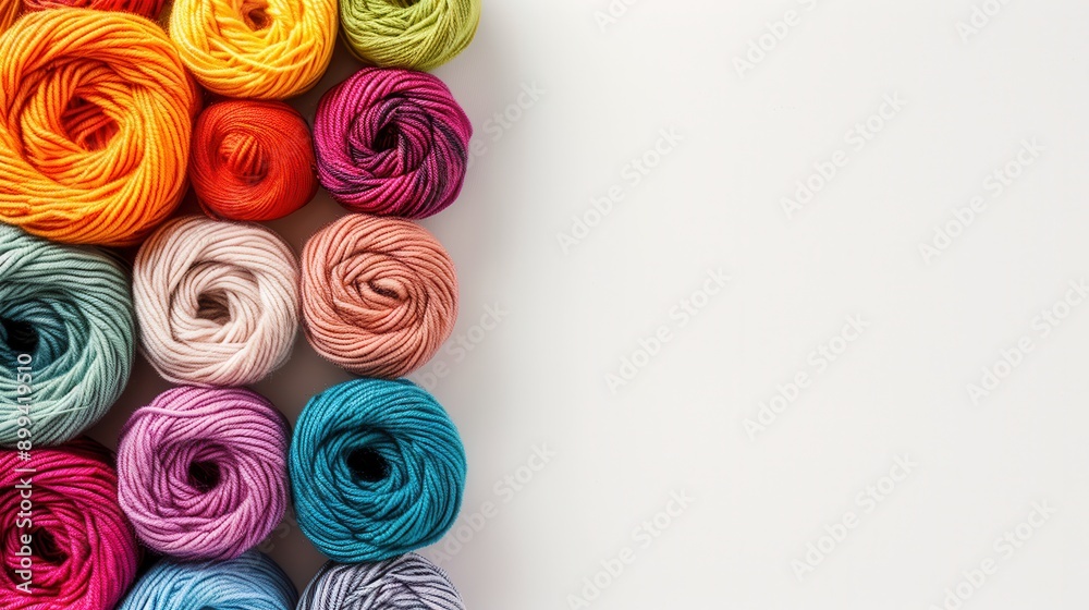 Aufkleber a grid of colorful yarn rolls is arranged neatly on a white background, leaving ample space for crea