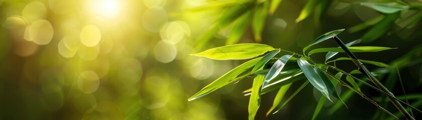 Obraz premium Sunlit Bamboo Leaves with Bokeh Background in a Lush Green Forest Setting