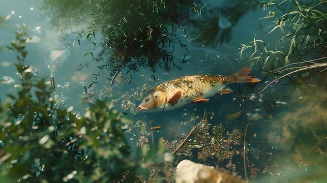 A dead fish floating in a polluted lake.