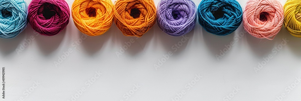 Poster A grid of colorful yarn rolls sits on a white background, providing a vibrant display perfect for crafting and DIY projects with available text space. Generative AI