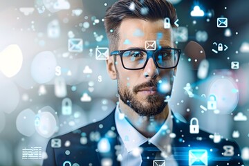 Market Digital Symbols Around Professional Male Banker Headshot