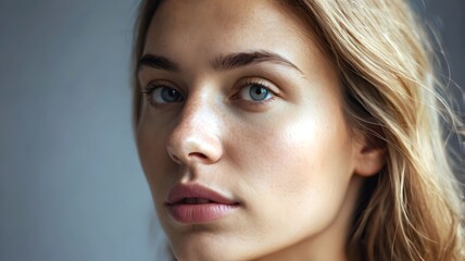 Fototapeta premium Close-up profile of attractive beautiful stunning good-looking young woman face with no make-up or natural beauty - gorgeous female head-shot model, woman attractiveness