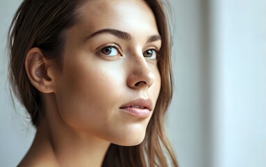 Naklejka premium Close-up profile of attractive beautiful stunning good-looking young woman face with no make-up or natural beauty - gorgeous female head-shot model, woman attractiveness