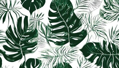 Tropical leaf line art background vector. Natural monstera palm leaves and orchid flower pattern design in minimal linear contour style. Design for fabric, print, cover, banner, decoration, wallpaper.
