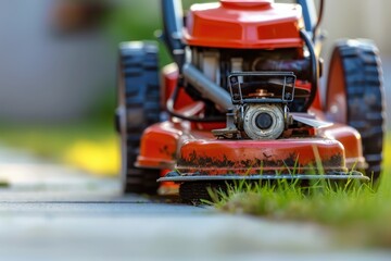 Fototapeta premium A close-up view captures sharp mower blades trimming vibrant green grass in a sunny outdoor space, showcasing precision and care in gardening.