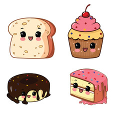 set of cute funny cakes and sweets vector illustration