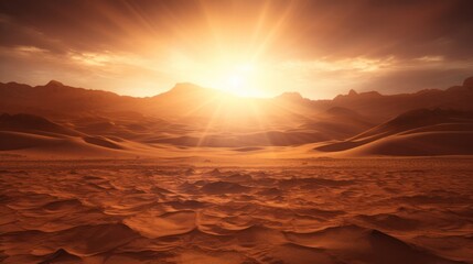 Naklejka premium Photograph of the sun's rays scorching the sand dunes of the Sahara Desert, creating a shimmering mirage effect