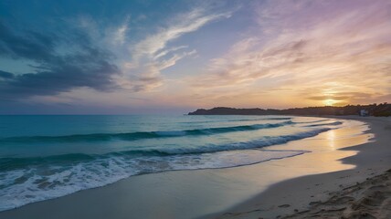 a sunset with a beach and waves in the background.
