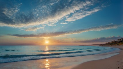 Obraz premium a sunset with a beach and waves in the background.