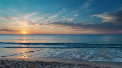 Obraz premium a sunset with a beach and waves in the background.