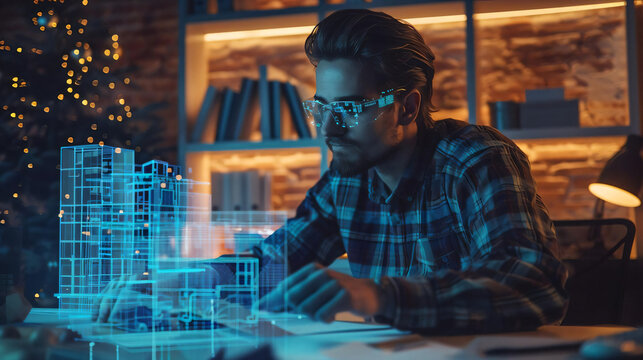 Architect using augmented reality to design a building.