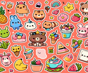 2d cartoon, vegetables, fruits stickers collection. | minimal 2d sticker or seamless pattern design.
