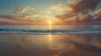 Fototapeta premium a sunset with clouds and the sun reflecting on the water.