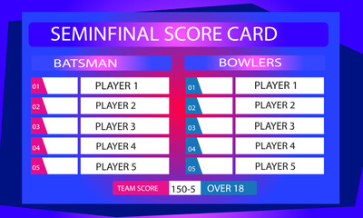 modern cricket semi final scorecard game leaderboard with abstract background Stock Vector