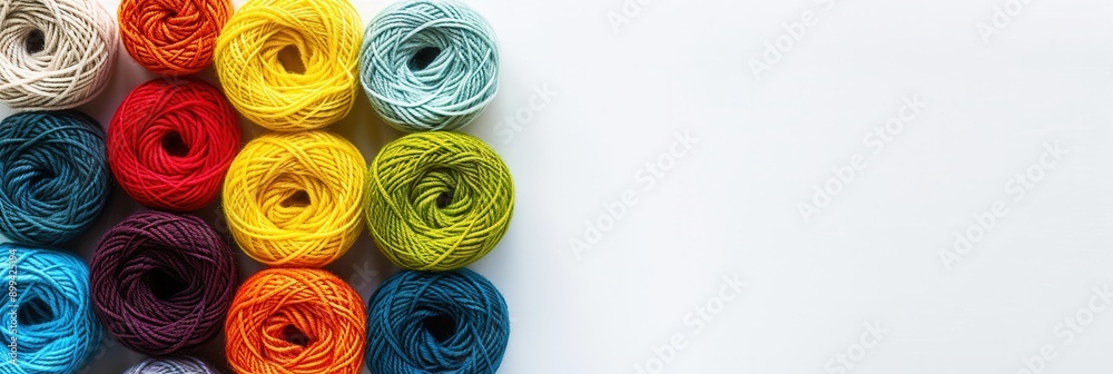 Poster a grid of vibrant yarn rolls displays a spectrum of colors against a white background, with space av