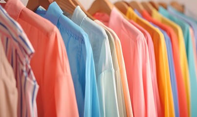 Fototapeta premium row of colorful shirts and dresses hanging from wooden rack in closet, Generative AI