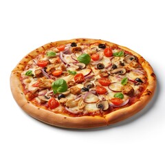 Delicious pizza served on wooden plate isolated on white