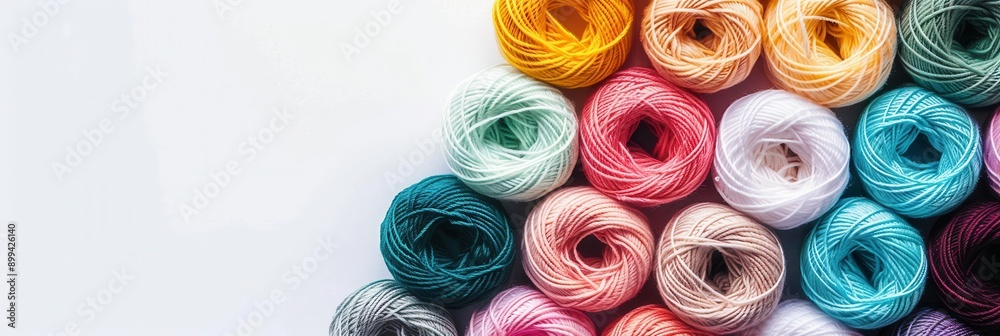 Poster a variety of colorful yarn rolls is arranged neatly in a grid, providing an ideal backdrop for creat