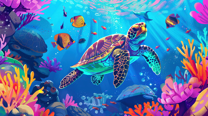 Dynamic Underwater World with Playful Marine Life and Vibrant Colors