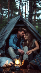 Romantic Diverse Couple in Love Sitting in a Tent at Dusk Surrounded by Forest Tranquility