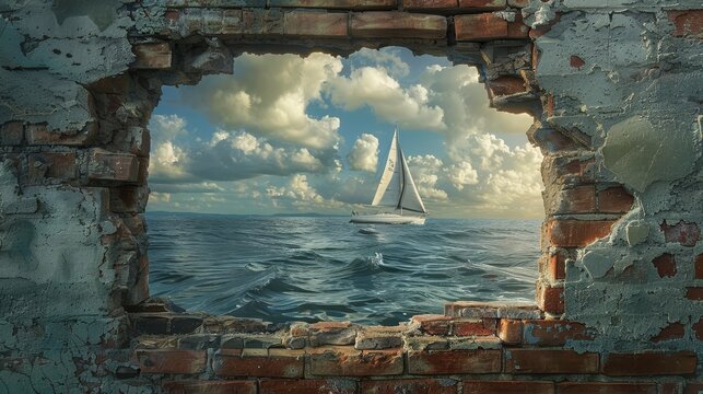 The holes in the brick wall have transformed into enchanting sea view windows under visual illusion. Integrating architectural elements with maritime themes to create a captivating visual experience.