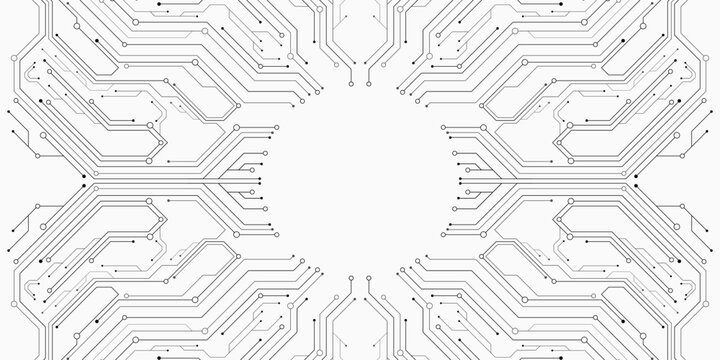 Futuristic circuit board pattern on white background. Hi-tech CPU panel. Sci-fi technology banner design. Vector illustration