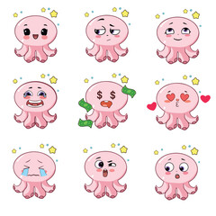 set of funny cartoon animals octopus emoticon