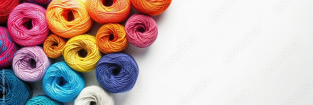Aufkleber Vibrant yarn rolls are neatly arranged in a grid, providing ample space for text and showcasing a variety of colors for crafting inspiration. Generative AI