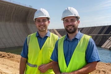 ダム水力発電所の屋外建設現場のエンジニア男性が自身に満ちた笑顔をうかべる。マネージャー、施工管理者